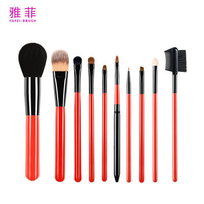 131A017210 แฮนด์ไม้สีแดงเรียบ 10 ชิ้น ชุดแปรงแต่งหน้า โลโก้ส่วนตัว